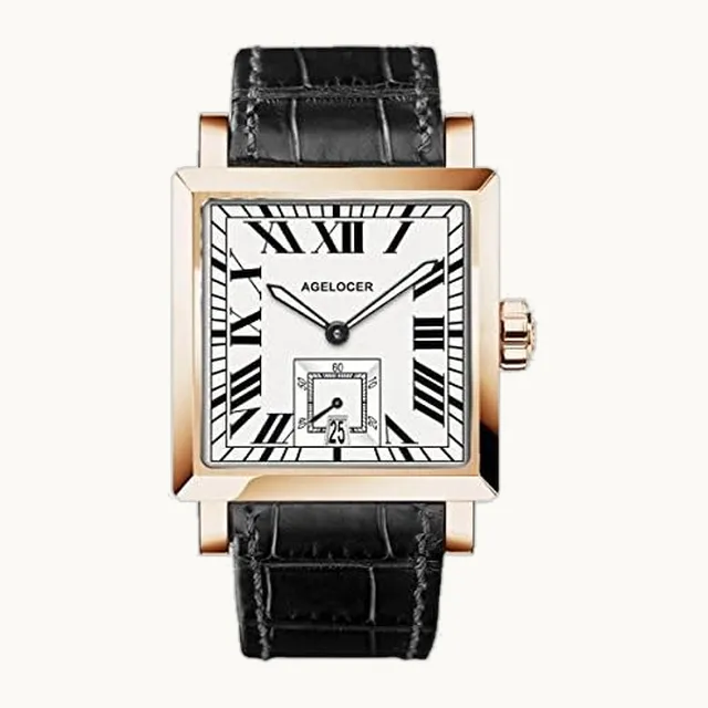 Luxury Square Watches for Men Rose Gold Genuine Leather Strap Mechanical Watch with Date 3302D1 (A3302D1-Black)