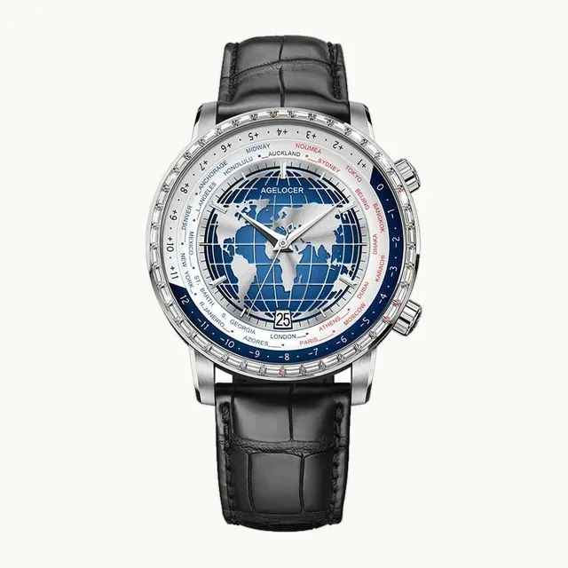 World Time Watch, Original 24 Time Zone Automatic Mechanical Watch for Men, Luxury Waterproof Leather Strap Dre