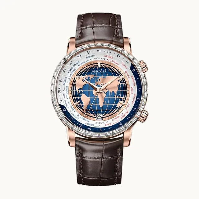 World Time Watch, Original 24 Time Zone Automatic Mechanical Watch for Men, Luxury Waterproof Leather Strap Dre