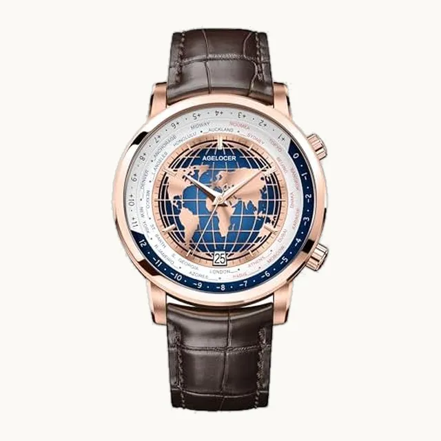 World Time Watch, Original 24 Time Zone Automatic Mechanical Watch for Men, Luxury Waterproof Leather Strap Dre