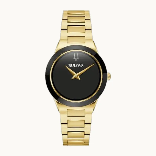 Ladies' Modern Millenia Gold Stainless Steel 2-Hand Quartz Watch, Blacl Dial Style: 97L175