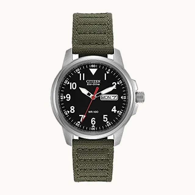 Men's Eco-Drive Weekender Garrison Field Watch in Stainless Steel with Olive Nylon Strap, Black Dial (Model: BM8