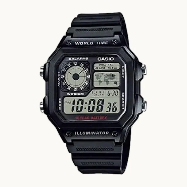 AE1200WH Series | Reloj digital para hombre | 100 M WR | Multialarmas | Cronómetro 100 SEC | Temporizador de cuent
