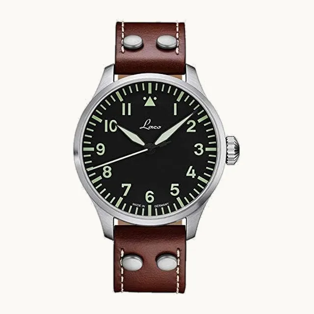 / 1925 861688 Laco 1925 Pilot Classic Reloj automático de acero inoxidable con correa de piel café para hombre, Bob