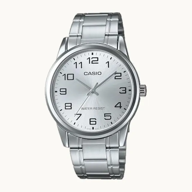 #MTP-V001D-7B Reloj estándar de acero inoxidable fácil de leer para hombre, Blanco, Reloj de cuarzo, movimiento de