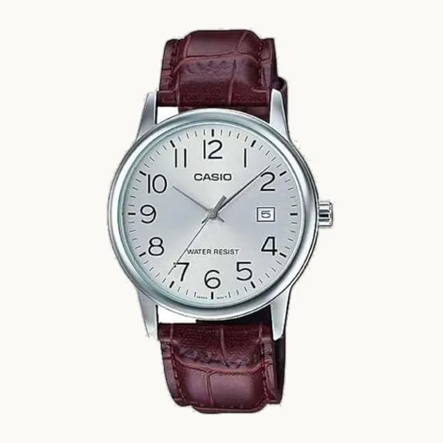 #MTP-V002L-7B Men's Standard Analog Leather Band Easy Reader Day Date Watch
