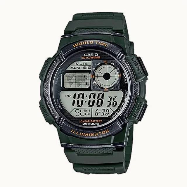 AE1000W Series | Mens Digital Watch | 100M WR | Multi Alarms | 100 SEC Stopwatch | Countdown Timer | World Map for