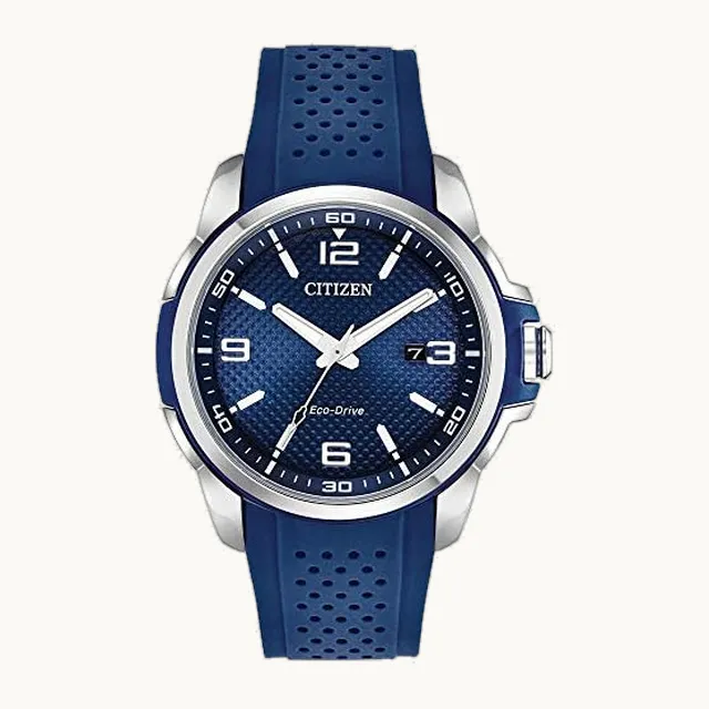 Eco-Drive Weekender Reloj para hombre en acero inoxidable con correa de poliuretano azul, esfera azul (modelo: A