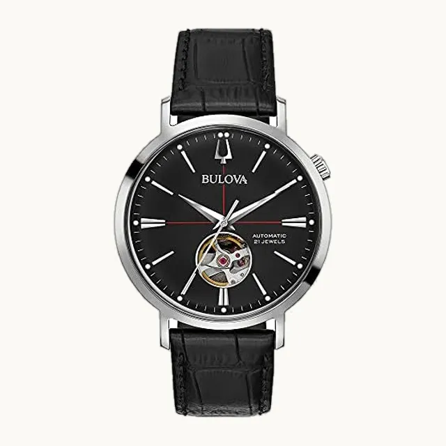 Classic Aerojet - Reloj automático con correa de piel de 3 manos, apertura abierta, reserva de marcha de 40 horas