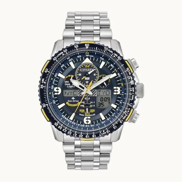 Promaster Skyhawk A-T Eco-Drive - Reloj para hombre (45 mm, caja y pulsera de acero inoxidable plateado con esfe