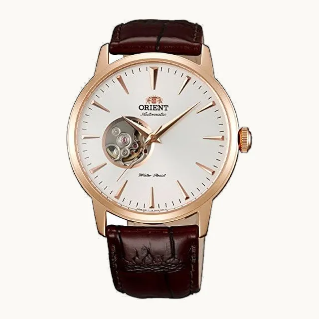 Open Heart - Reloj de pulsera mecánico de piel clásico con esfera esquelética para hombre, color dorado, Oro, Pre