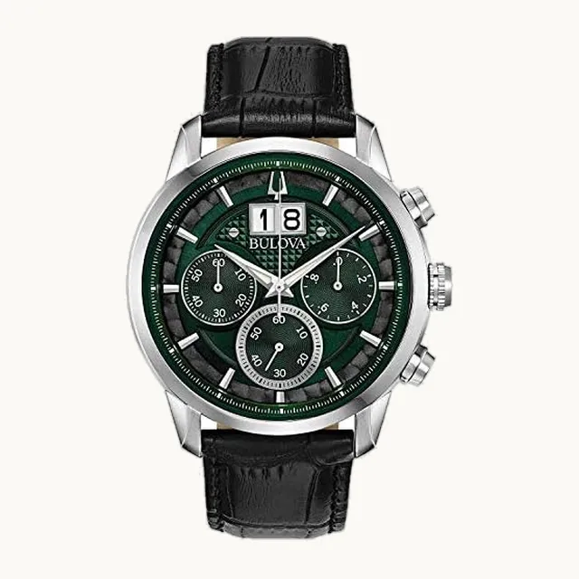 Men's Classic Sutton 6-Hand Chronograph Calendar Big Date Leather Strap Quartz Watch, Domed Mineral Crystal, 44mm