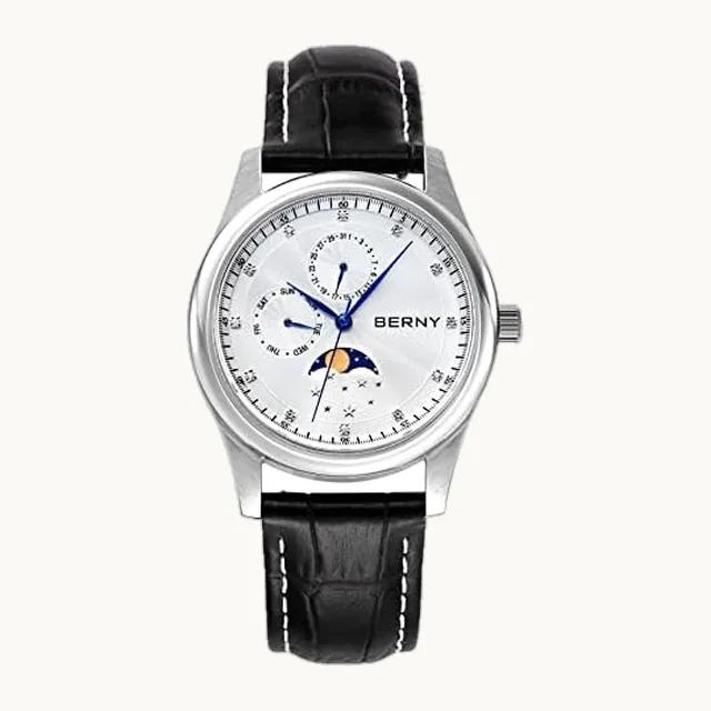 Reloj de cuarzo multifuncional para hombre, con calendario y fase lunar, caja de acero inoxidable y correa de pi