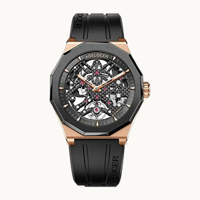 Reloj de lujo para hombre con correa de goma luminosa mecánica automática de esqueleto negro