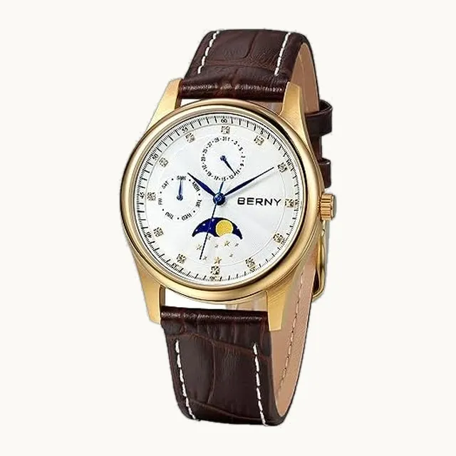 Womens Multi-Function Watch with Calendar and Moon Phase Watch - Stainless Steel Case and Leather Band