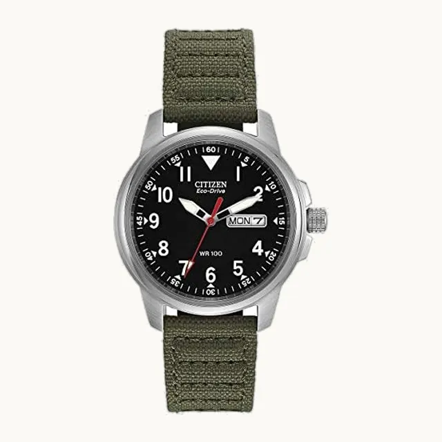 Men's Eco-Drive Weekender Garrison Field Watch in Stainless Steel with Olive Nylon Strap, Black Dial (Model: BM8