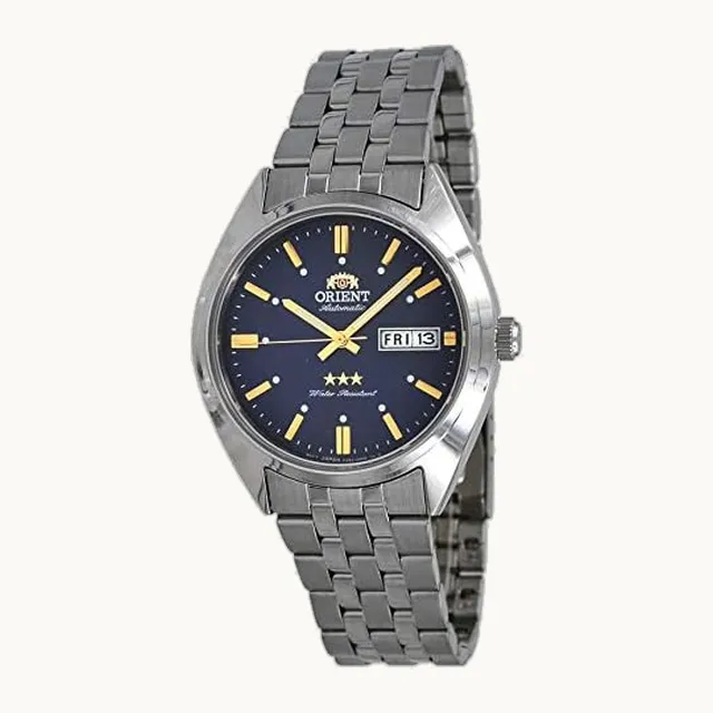 RA-AB0E08L - Reloj automático para hombre, 3 estrellas, acero inoxidable, esfera azul, fecha de día