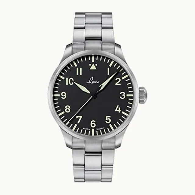 Reloj de aviador automático, carcasa de acero inoxidable, cristal de zafiro, 5 bar, fabricado en Alemania, Base Aug