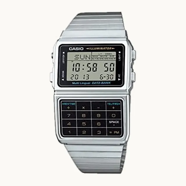 Reloj de banco de datos con calculadora de memoria de tono plateado 25 para hombre