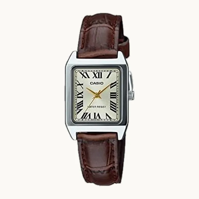 Reloj de vestir LTP-V007L-9B para mujer con correa de cuero rectangular y esfera dorada romana