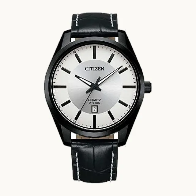 Reloj de cuarzo para hombre con esfera blanca chapada en negro BI1035-09A, Movimiento de cuarzo
