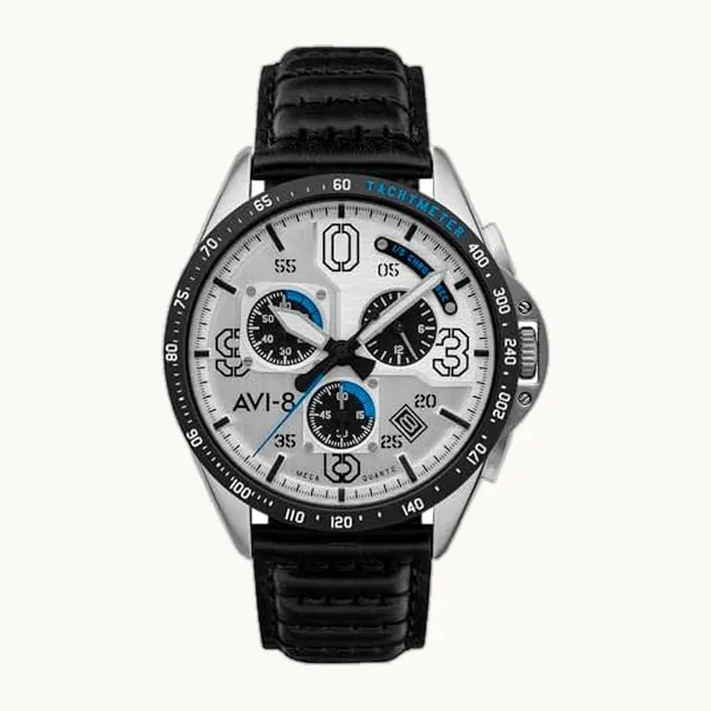 Mens 43mm P-51 Mustang Blakeslee Chronograph Japanese Meca-Quartz Pilot Watch with Leather or Stainless Steel Stra