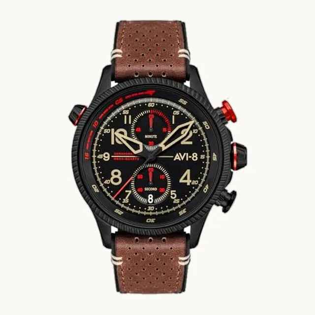 Mens 43mm Hawker Hunter Duke Chronograph Japanese Meca-Quartz Pilot Watch with Leather Strap AV-4080