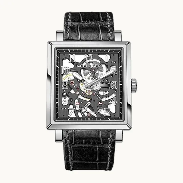 Reloj de doble cara de acero negro hueco de doble cara con esfera de segundos cuadrada analógica luminosa, NE