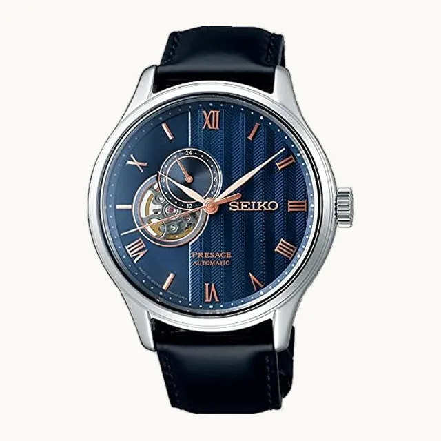 Presage Japanese Zen Garden Blue "Sakura by Night" Reloj de corazón abierto automático de zafiro con correa de cue