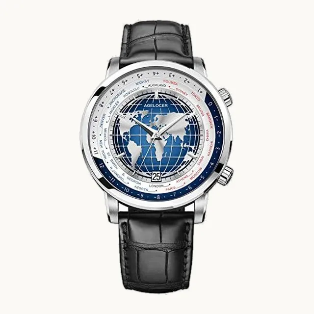 Reloj de vestir de acero inoxidable automático para hombre, con calendario mecánico automático y correa de piel