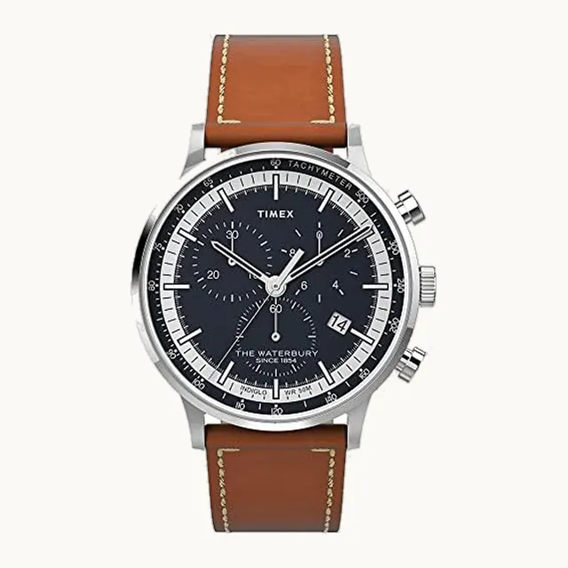 Waterbury Classic Chrono - Reloj de vestir de cuarzo de acero inoxidable de 40 mm con correa de piel para hombre