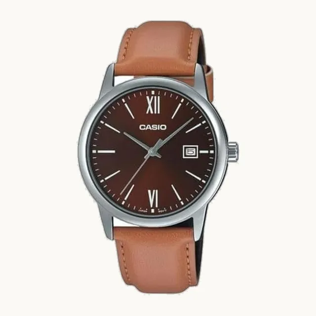 MTP-V002L-5B3 Men's Dress Brown Leather Band Brown Dial Date Watch