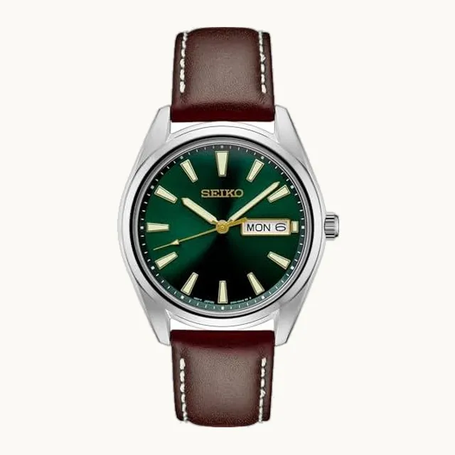 Reloj para hombre, esenciales, con calendario de día/fecha, manecillas y marcadores LumiBrite, pulsera de piel