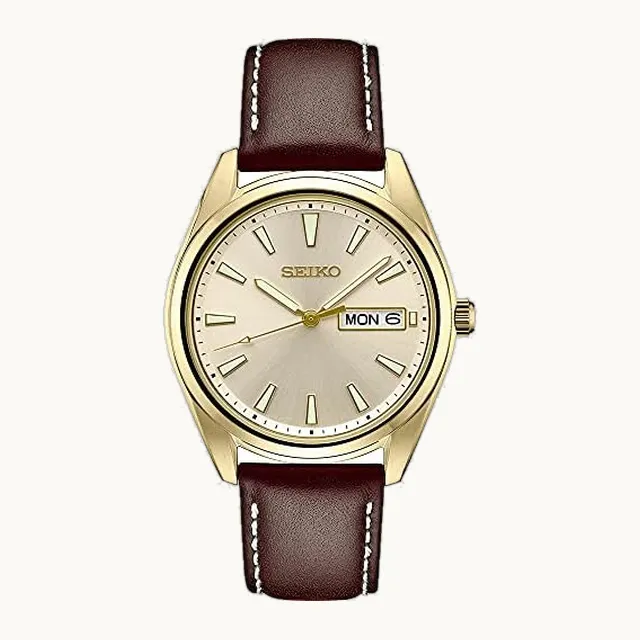 Reloj para hombre, esenciales, con calendario de día/fecha, manecillas y marcadores LumiBrite, pulsera de piel