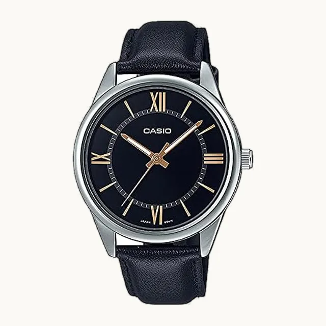 MTP-V005L-1B5 Reloj analógico estándar de cuero negro con esfera romana negra, movimiento de cuarzo, Clásico