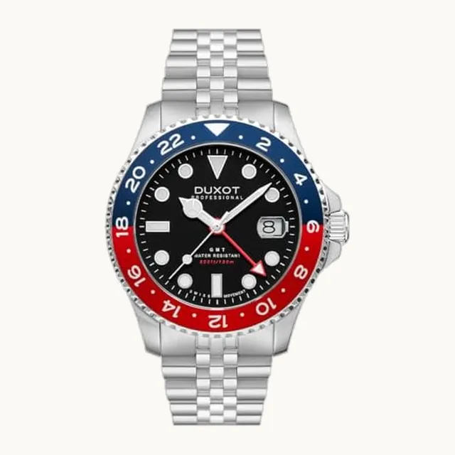 DX-2034 Atlantica GMT - Reloj de pulsera para hombre con correa de acero de 5 vínculos y cristal de zafiro, fecha