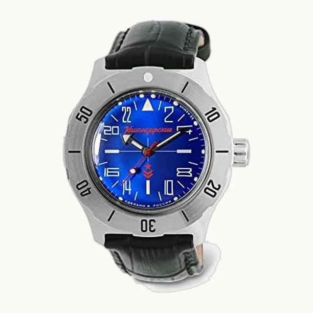 Komandirskie 350642 Reloj mecánico automático de cuerda automática, Cuero negro, Militar
