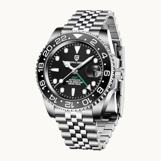 CADISEN Pagani Design Reloj mecánico automático para hombre GMT marca superior de acero inoxidable cristal de zafiro rel
