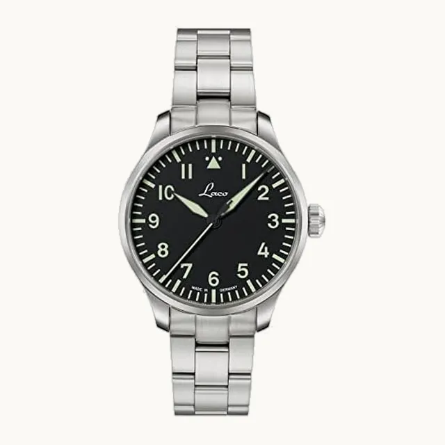 Reloj de aviador automático, carcasa de acero inoxidable, cristal de zafiro, 5 bar, fabricado en Alemania, Base Aug