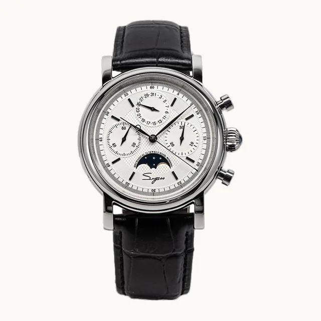 NC Sugess ST1901 - Reloj de pulsera mecánico con correa de piel auténtica y movimiento de gaviota, Blanco