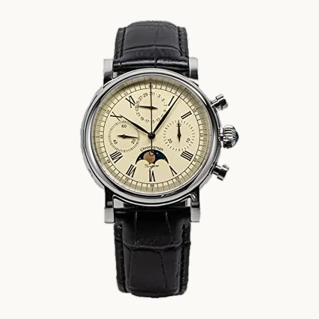 NC Sugess Reloj mecánico para hombre, movimiento de gaviota, ST1908, cronógrafo, clásico, con fase lunar, correa de piel