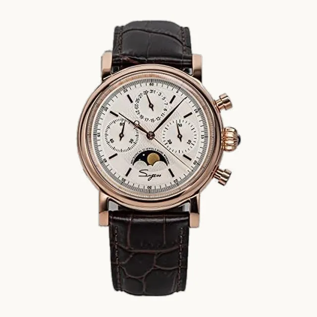NC Sugess Reloj mecánico para hombre, movimiento de gaviota, ST1908, cronógrafo, clásico, con fase lunar, correa de piel