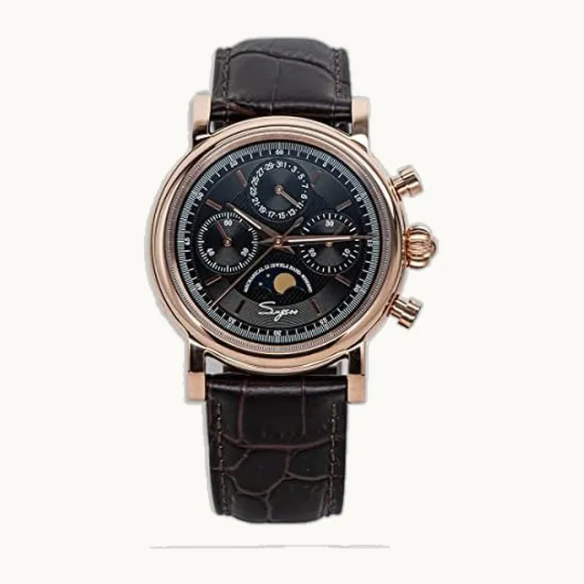 NC Sugess Reloj mecánico para hombre, movimiento de gaviota, ST1908, cronógrafo, clásico, con fase lunar, correa de piel