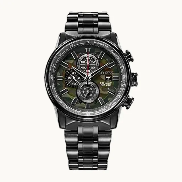 Eco-Drive Weekender Nighthawk - Reloj cronógrafo para hombre en acero inoxidable IP negro, esfera de camuflaje