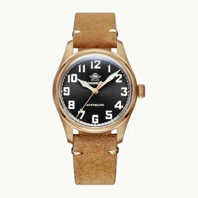 ADDIESDIVE Reloj automático de bronce clásico de 39 mm de calibre pequeño, hebilla de bronce sólido, correa de piel de a