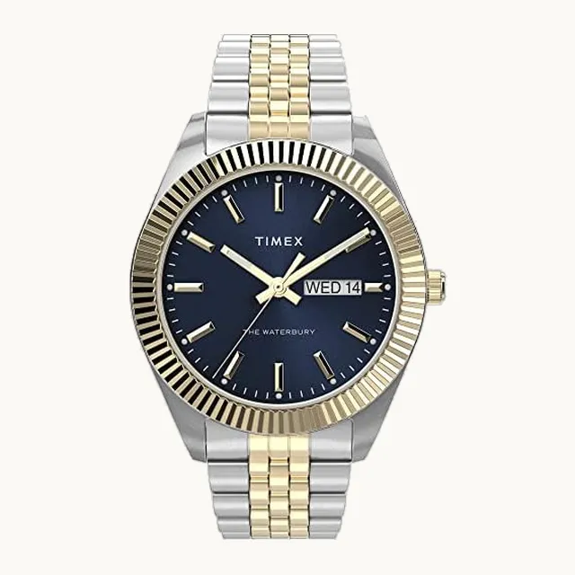 Waterbury Legacy Day-Date - Reloj de 41 mm para hombre, esfera azul con caja de dos tonos de acero inoxidable y pu