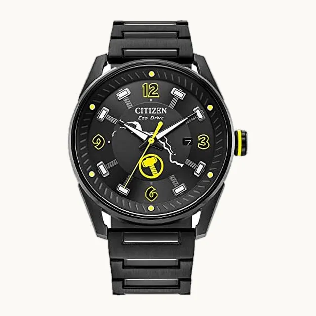 Eco-Drive Marvel Thor "Find Your Power" para hombre, acero inoxidable IP negro, fecha de 3 manos, luminosa, 42 m