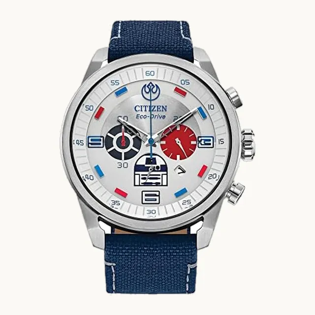 Eco-Drive Star Wars R2-D2 - Reloj cronógrafo de acero inoxidable con correa Cordura, esfera plateada (modelo: CA