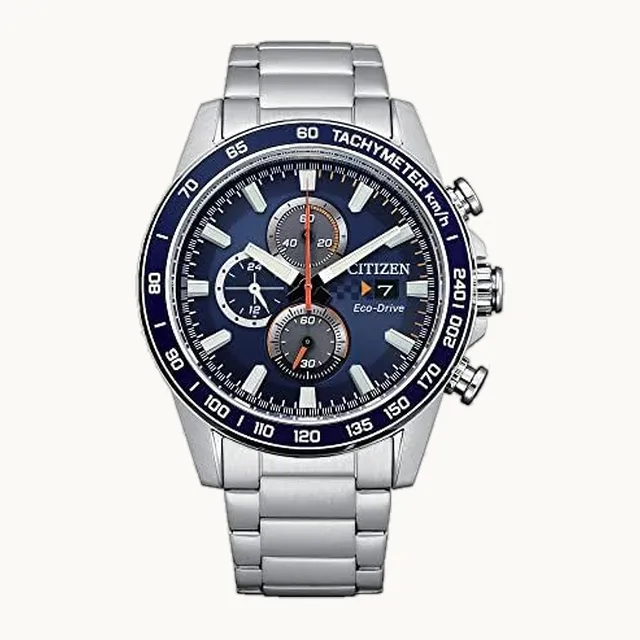 Brycen Eco-Drive - Reloj cronógrafo de acero inoxidable para hombre, 12/24 horas, fecha, taquímetro, 100 metros
