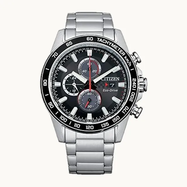 Brycen Eco-Drive - Reloj cronógrafo de acero inoxidable para hombre, 12/24 horas, fecha, taquímetro, 100 metros